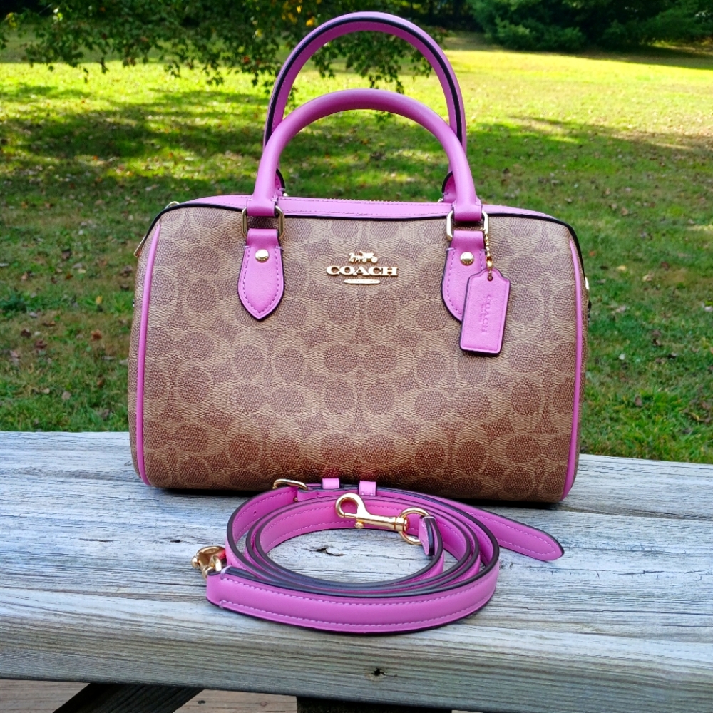 Coach Fuschia And Tan Signature C Canvas Rowen Satchel